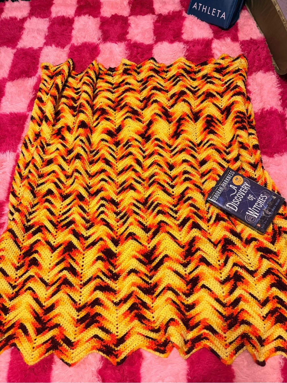 Vintage 70s Handmade Crochet Afghan Blanket Orange Yellow Brown Chevron Retro